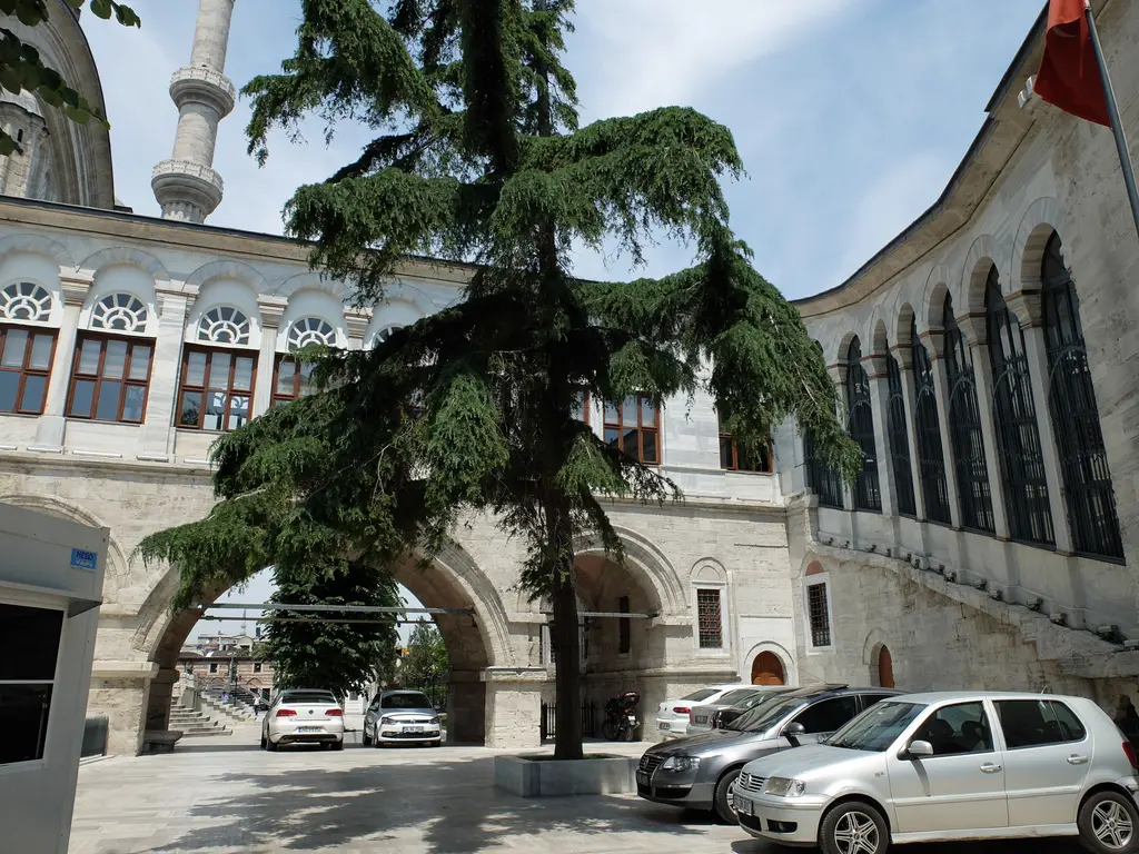 Nuruosmaniye Camii'nin dış avlusu; ortada iri bir sedir ağacı, arkada caminin kemerli pencere duvarı, sağda revak ve önde park etmiş otomobiller.