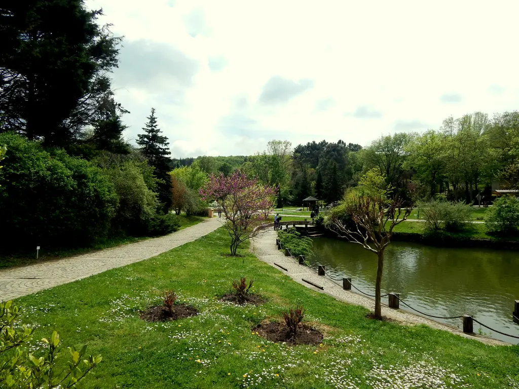 Atatürk Arboretumu'nda giriş yolu; çimenliğin arasında kıvrılan yol, sağda gölet, çiçek açmış ağaçlar.