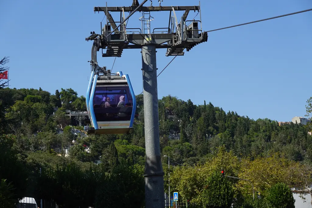 Eyüp teleferiği; çelik direk, halata asılı mavi kabin ve arkada ağaçlarla kaplı yamaç.