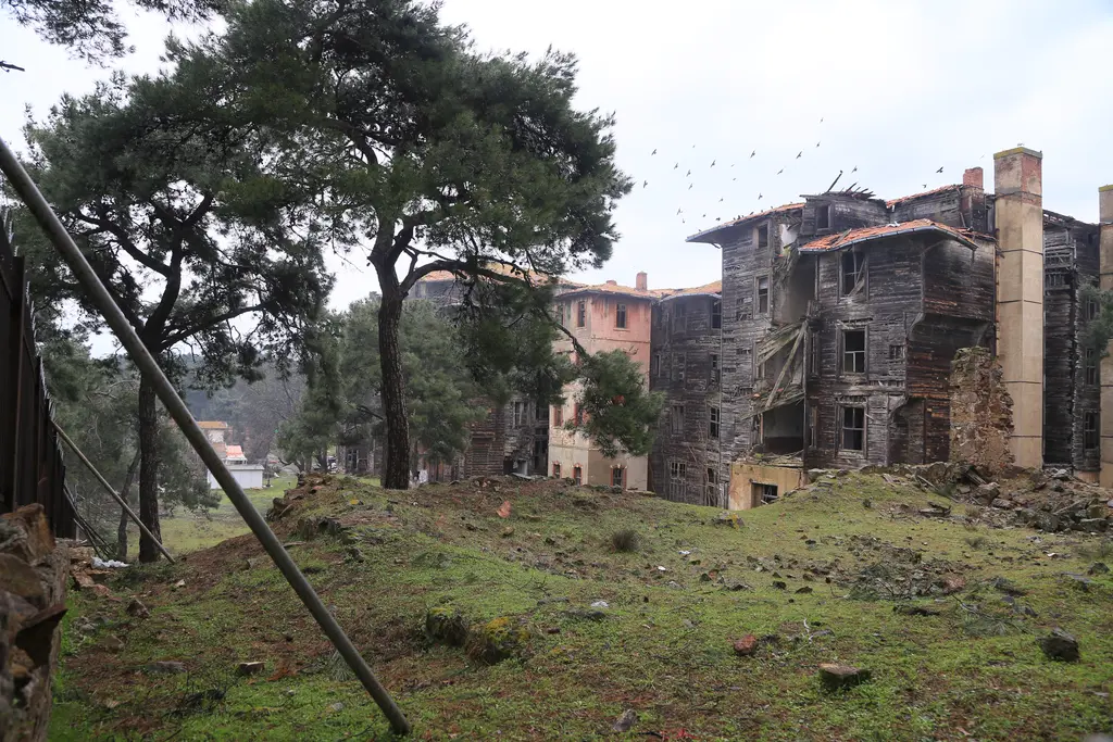Büyükada Rum Yetimhanesi yamaçtan; çimenli eğimin üstünde ahşap ve tuğla kanatlar, solda ağaçlar.