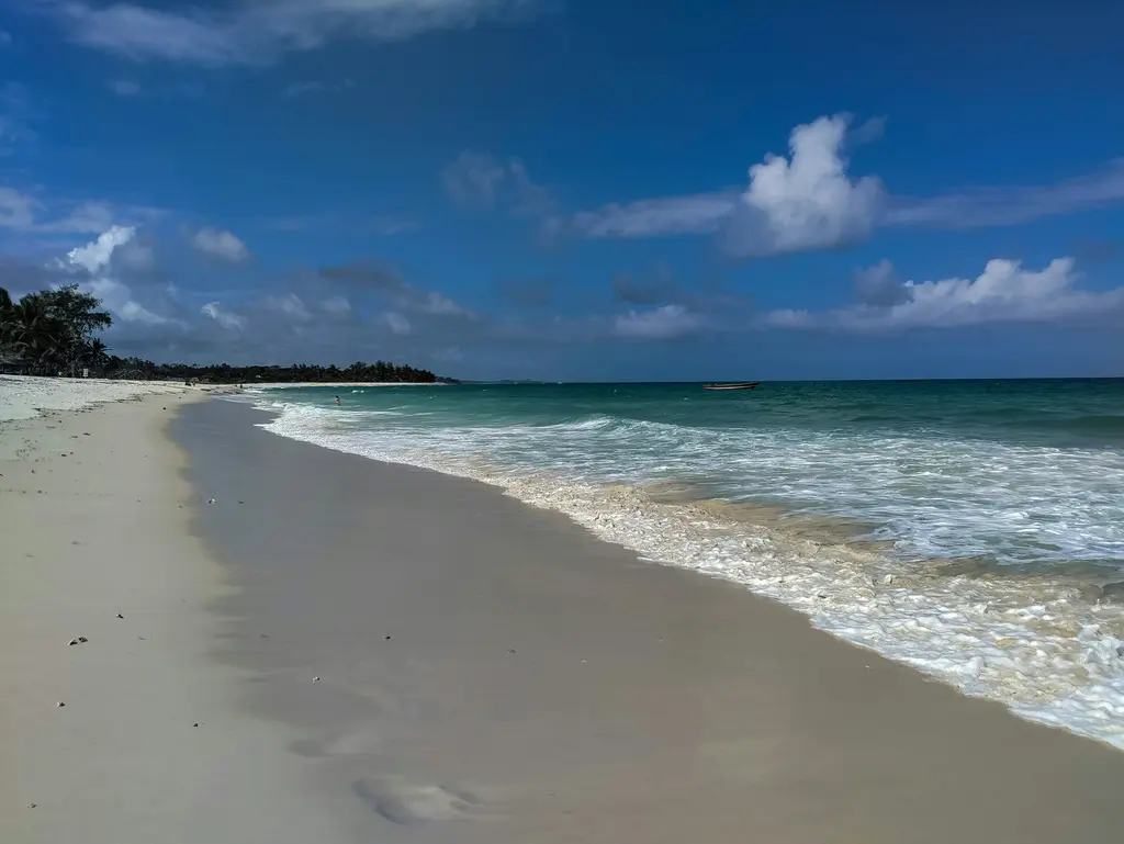 Diani'de turkuaz bir plaj; bembeyaz kum, sığ berrak deniz ve palmiyeler.