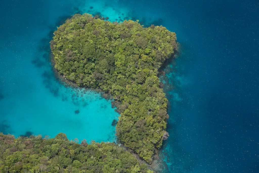 Palau'nun Kaya Adaları'nda kireçtaşından oluşan doğal bir kemer; yemyeşil bitkilerle kaplı ada berrak turkuaz denizden yükseliyor, arkada masmavi gökyüzü.