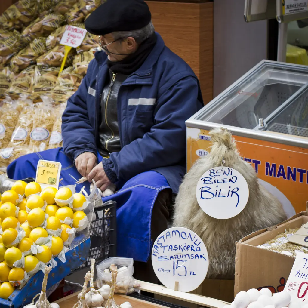 Kadıköy Çarşısı'nda seyyar satıcı; kasada limonlar, keçi derisinde tulum peyniri, Taşköprü sarımsağı ve fiyat kartları.