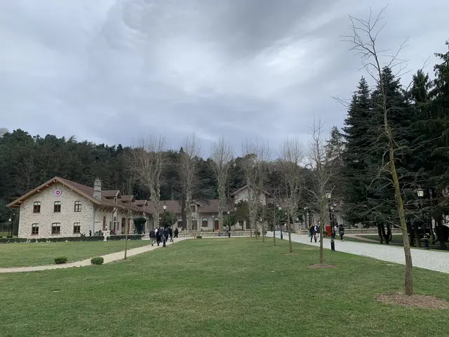 Beykoz Cam ve Billur Müzesi'nin bahçesi; kırma çatılı uzun taş bina, önünde geniş çimen, yürüme yolu ve çevresinde çam ağaçları.