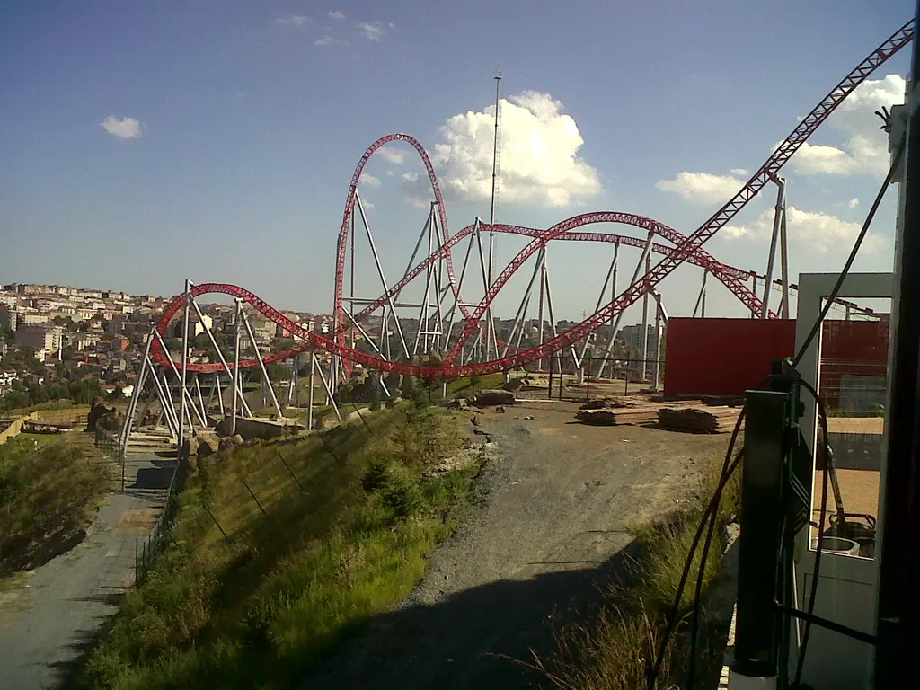 Vialand'de kıvrılarak yükselen kırmızı roller coaster rayları; önde yeşil bir yamaç, arkada mahalleler ve mavi gökyüzü.