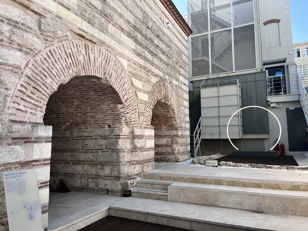 Çinili Hamam'ın müze girişi; tuğla kemerli taş cephe ve Kuyulu Avlu panosu, sağda çelik cam yapı, önde mermer basamaklar.
