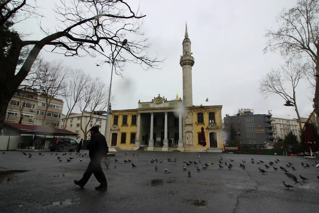 Teşvikiye Camii; sütunlu sarı neoklasik cephe ve tek minare, kapalı havada önündeki meydanda güvercinler ve yürüyen bir kişi.