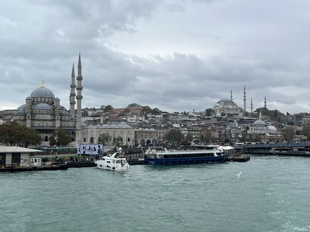 Haliç'ten Eminönü; solda Yeni Cami, iskeleler, vapurlar, kıyıdaki binalar ve tepede Süleymaniye Camii.