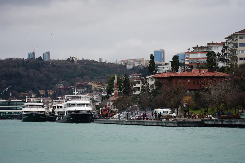 Denizden Bebek kıyısı; rıhtıma bağlı tekneler, yamaca yayılan binalar, ağaçlık tepeler ve bulutlu gökyüzü.