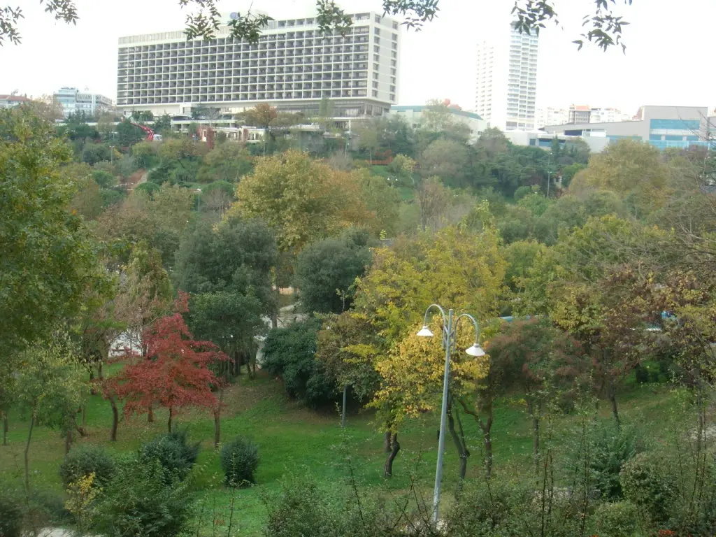 Maçka Demokrasi Parkı'nda vadinin tabanı; yeşil çimenlik, sarı ve kırmızıya dönmüş ağaçlar, fenerler ve sırtta Hilton ile bir gökdelen.