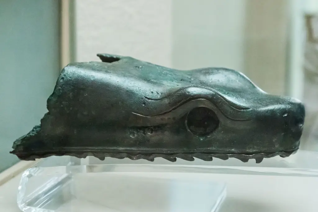 Yılanlı Sütun'un yılan başı yandan; yeşil patinalı tunç, derin göz çukuru, üçgen dişler ve cam vitrinin açık zemini.