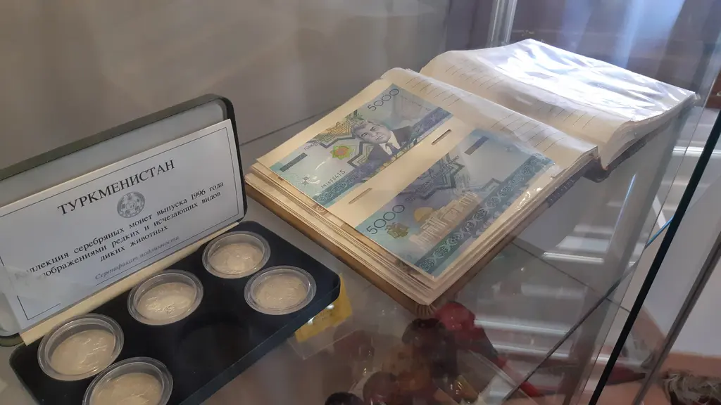 Türk Dünyası Kültür Mahallesi'nde bir vitrin; camekân içinde açık duran kitap, madeni para takımı ve arkada duvara asılı işlemeli kumaş.