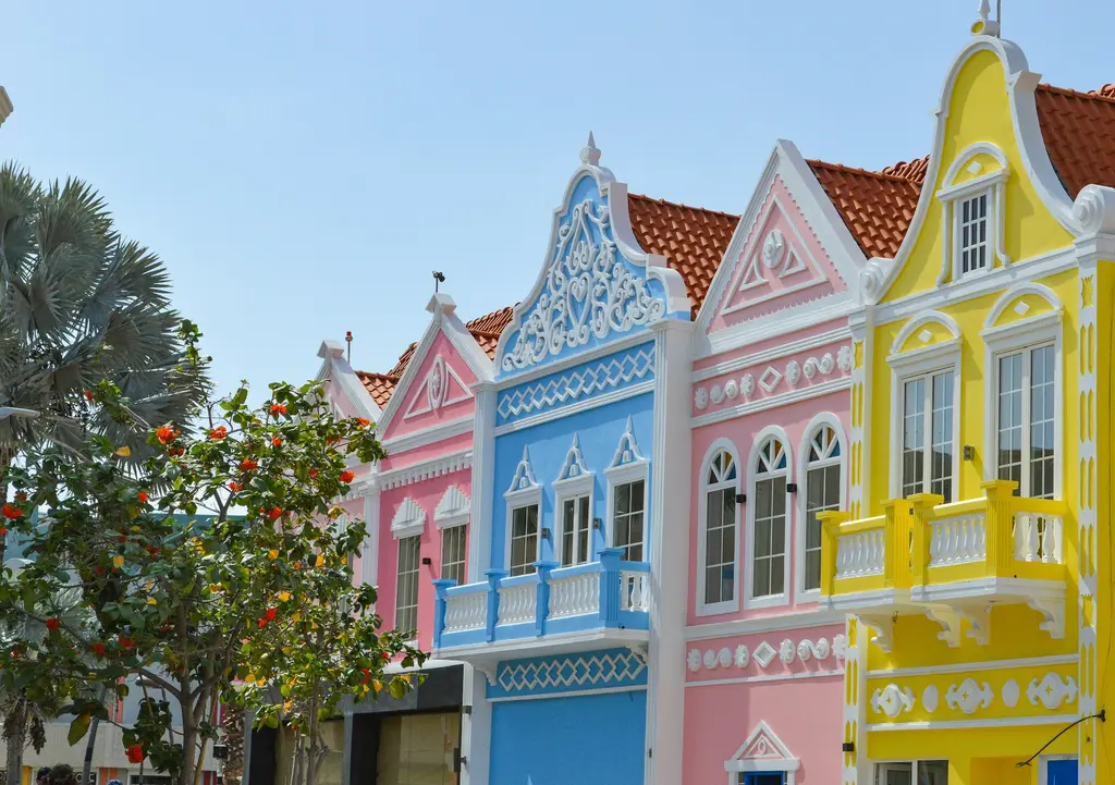 Karayipler'de (Aruba, Oranjestad) Felemenk sömürge mimarisi cepheleri; pembe, mavi ve sarı basamaklı çatılı binalar, beyaz süslemeler ve çiçekli ağaç.