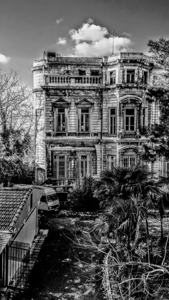 Mahmud Muhtar Paşa Konağı'nın siyah beyaz görünüşü; neoklasik taş cephe, balkonlar, ağaçlar ve bulutlu gökyüzü.