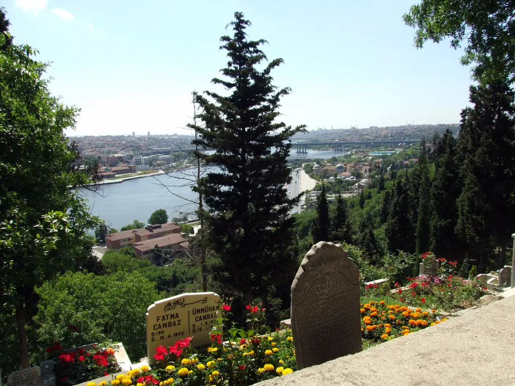 Eyüp Mezarlığı'nın yamacından Haliç; selvi ve ağaçlar, önde çiçekler ve mezar taşları, aşağıda su ve karşı kıyı.