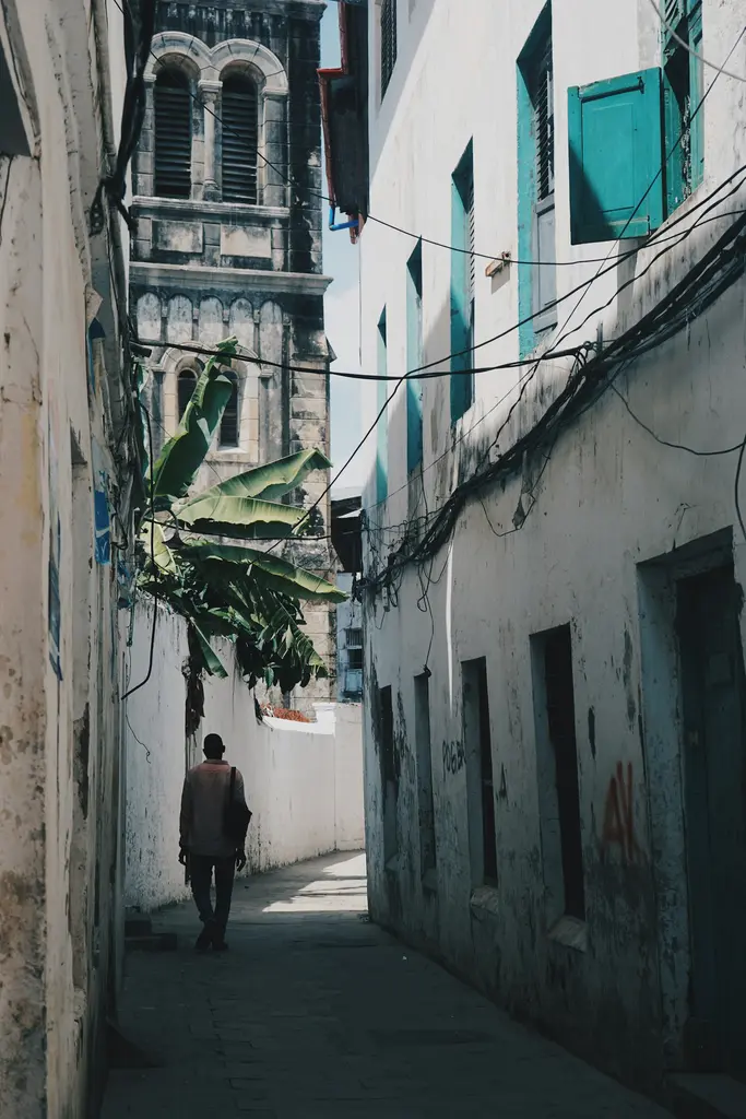 Zanzibar Stone Town'da dar bir sokak; solgun beyaz taş binalar, turkuaz ahşap pencere kepenkleri, eski bir katedral kulesi ve yürüyen bir yerli.