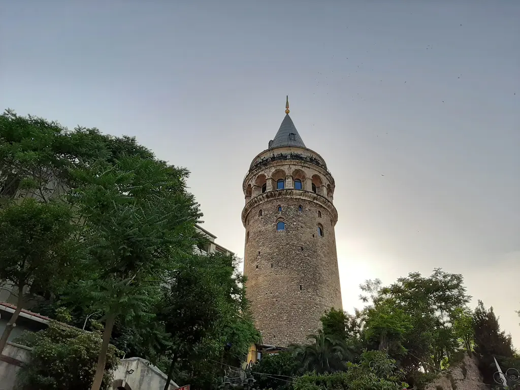 Ağaçların arasından Galata Kulesi; önde yoğun yeşil yapraklar, ortada yükselen taş gövde ile sivri külah ve açık gökyüzü.