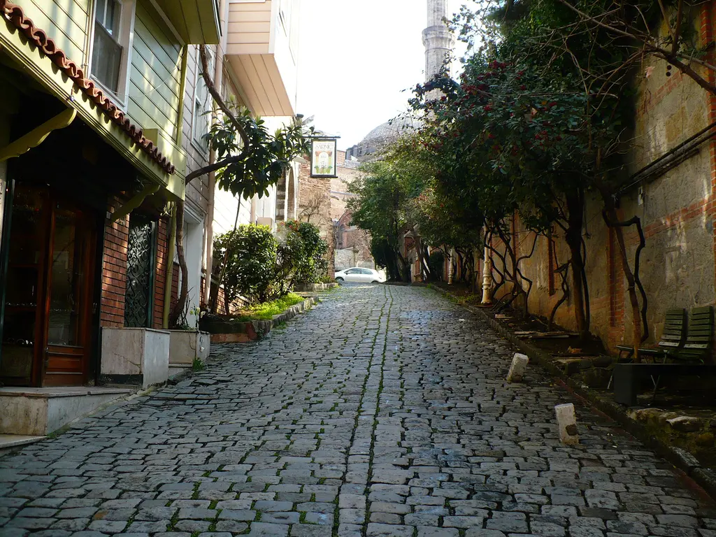 Soğukçeşme Sokağı'nda eğimle inen taş döşeli yol; solda ahşap evler ve tabelalar, sağda sarmaşıklı duvar ve ağaçlar, uzakta bir minare.