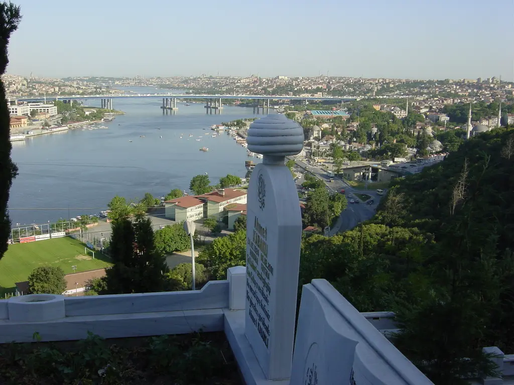 Eyüp Mezarlığı'ndan Haliç; ön planda beyaz mermer kabir ve başlıklı taş, aşağıda kıyı yolu, su ve uzakta köprüler.