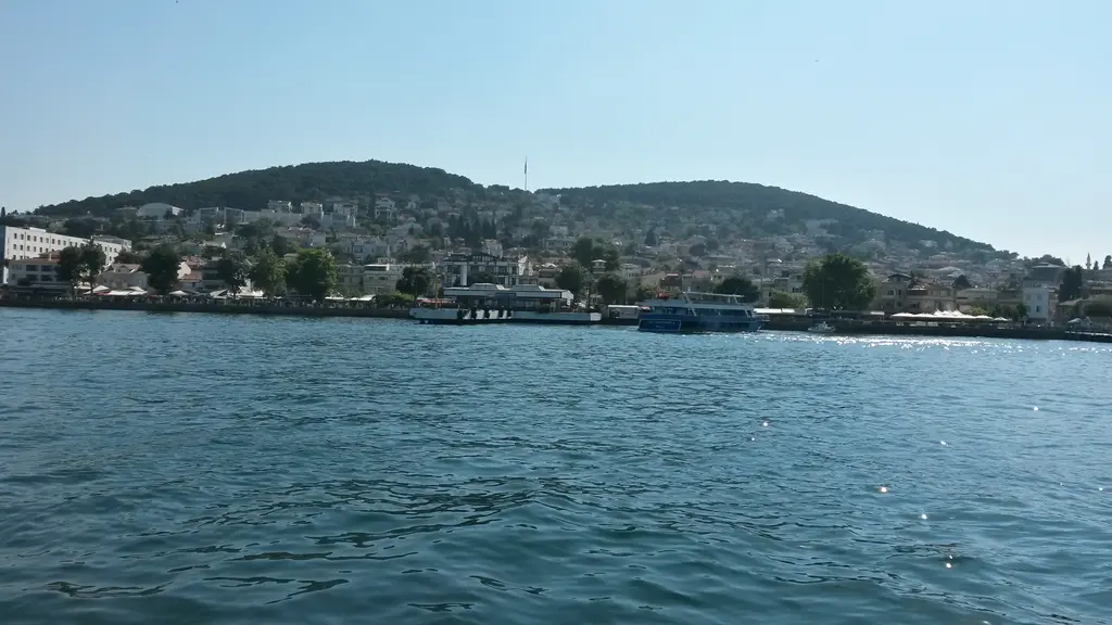 Heybeliada kıyısı; yamaca yayılan evler, iskele, deniz motorları ve tepede çam ormanı.