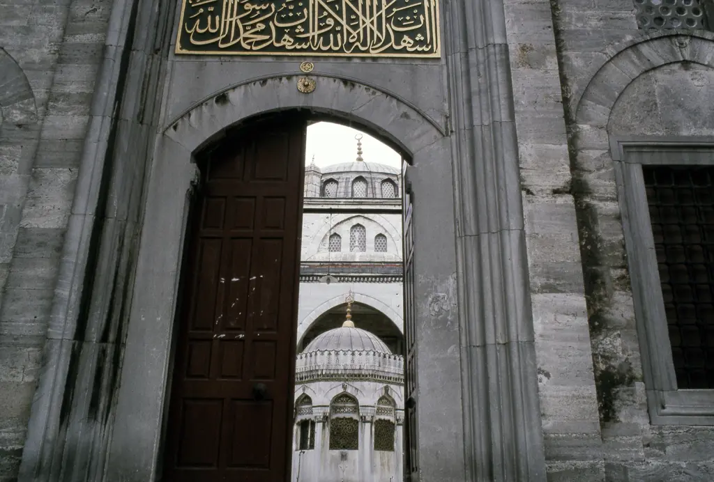 Yeni Valide Camii'nde avlu kapısı; mermer çerçeve, ahşap kanat, yaldızlı yazı ve içeride şadırvan kubbesi.