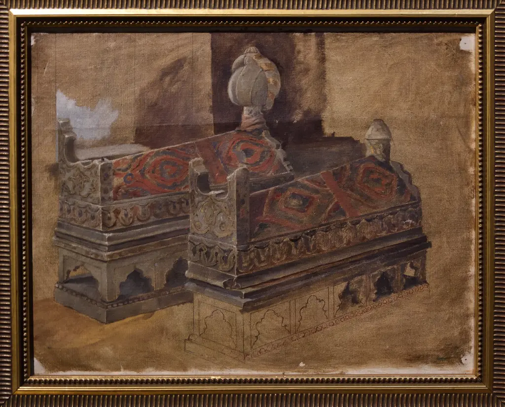 Osman Hamdi Bey'in yaldızlı çerçeveli tablosu; kırmızı desenli örtülerle kaplı, oymalı taş kaideli iki sanduka.