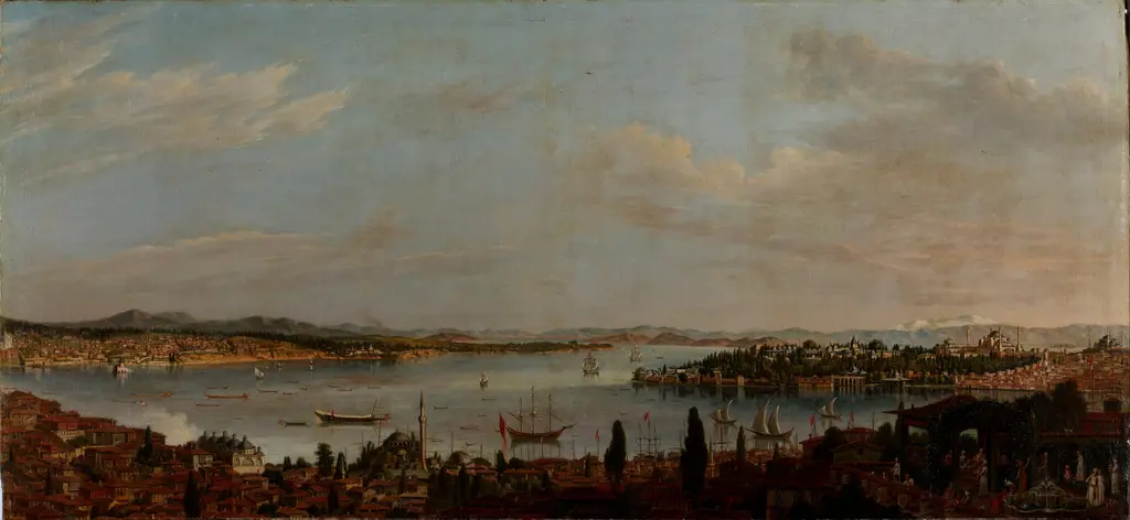 Antoine de Favray'ın İstanbul panoraması; önde ağaçlık bir tepe, ortada Haliç ve Boğaz, ufukta şehrin silueti.