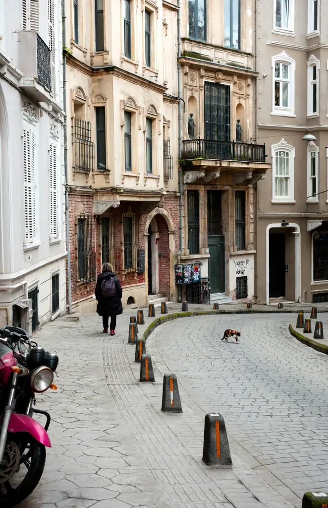 Çukurcuma'da kıvrılarak ilerleyen arnavut kaldırımlı sokak; iki yanda tarihi apartmanlar ve uzakta yürüyen biri.