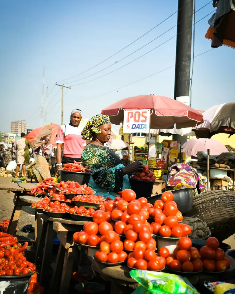 Batı Afrika'da bir sokak pazarında tezgâhında domates ve kırmızı biber satan, renkli desenli elbiseli bir kadın; arkada 'POS & DATA' yazılı kırmızı bir şemsiye.