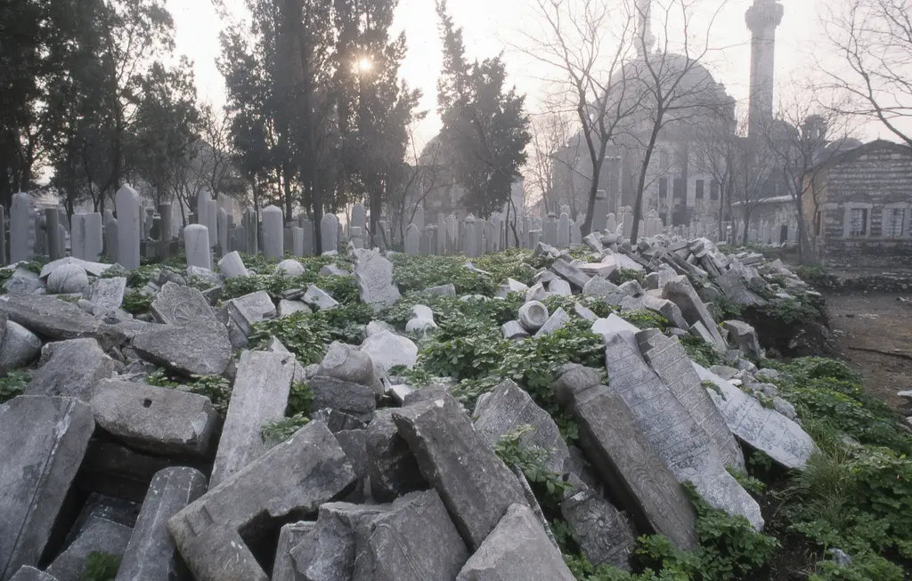 Eyüp Mezarlığı'nda yığılmış mezar taşları; yere devrilmiş kırık taşlar, ayakta kalan kabirler ve sisli arka planda cami.