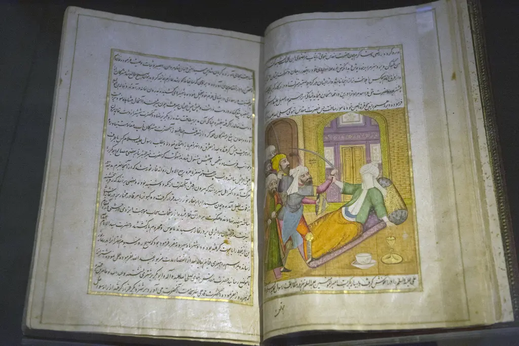 Sakıp Sabancı Müzesi'nde yazma kitap; vitrinde açık duran sayfalarda talik yazı ve renkli bir minyatür.