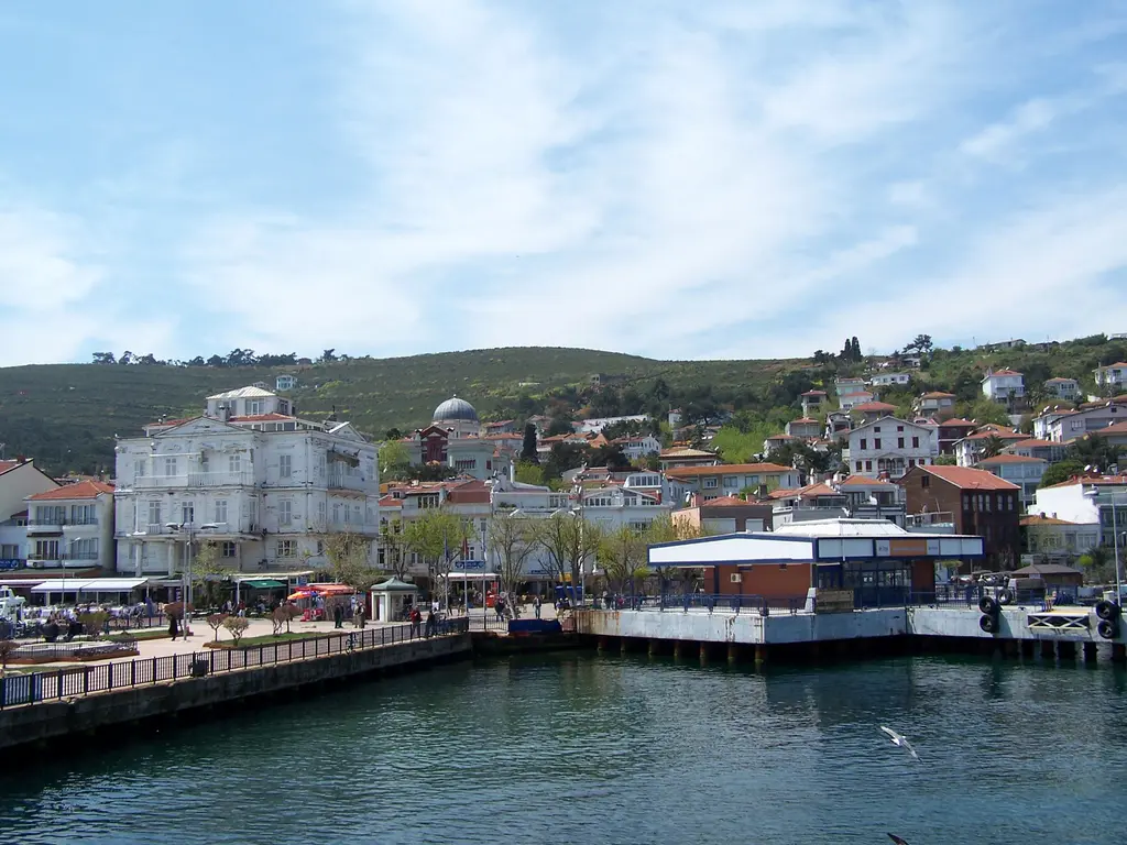 Burgazada sahili; iskele, kıyıdaki beyaz evler, yamaca tırmanan konutlar ve arkada yeşil tepe.
