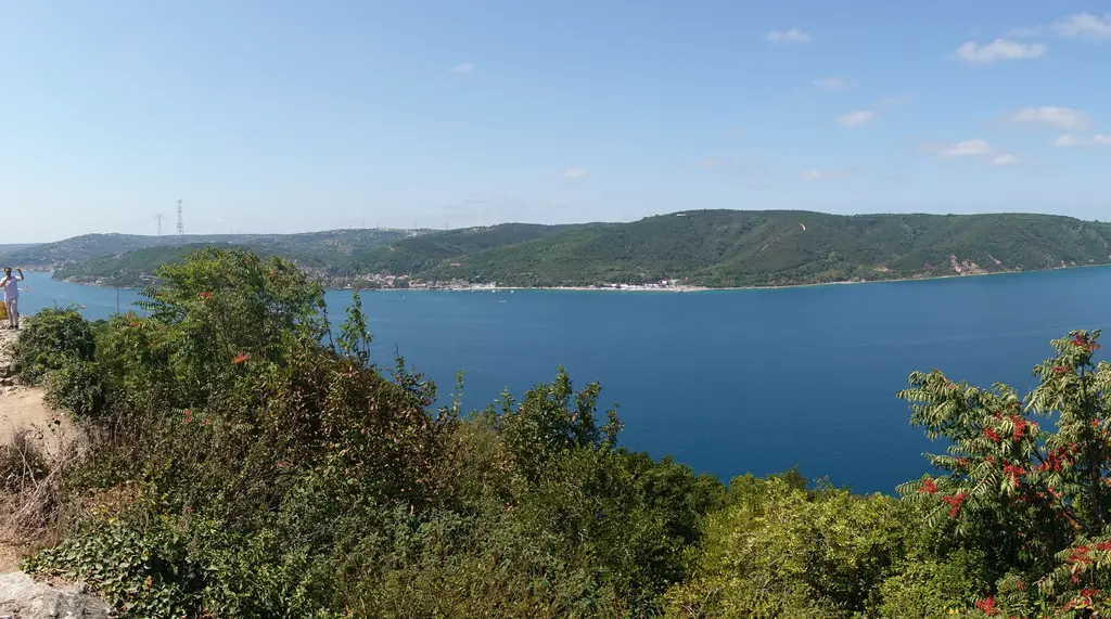 Yoros Kalesi'nden manzara; yeşil çalılar ve kırmızı yemişli ağaç, ardında mavi Boğaz ve karşı kıyının tepeleri.