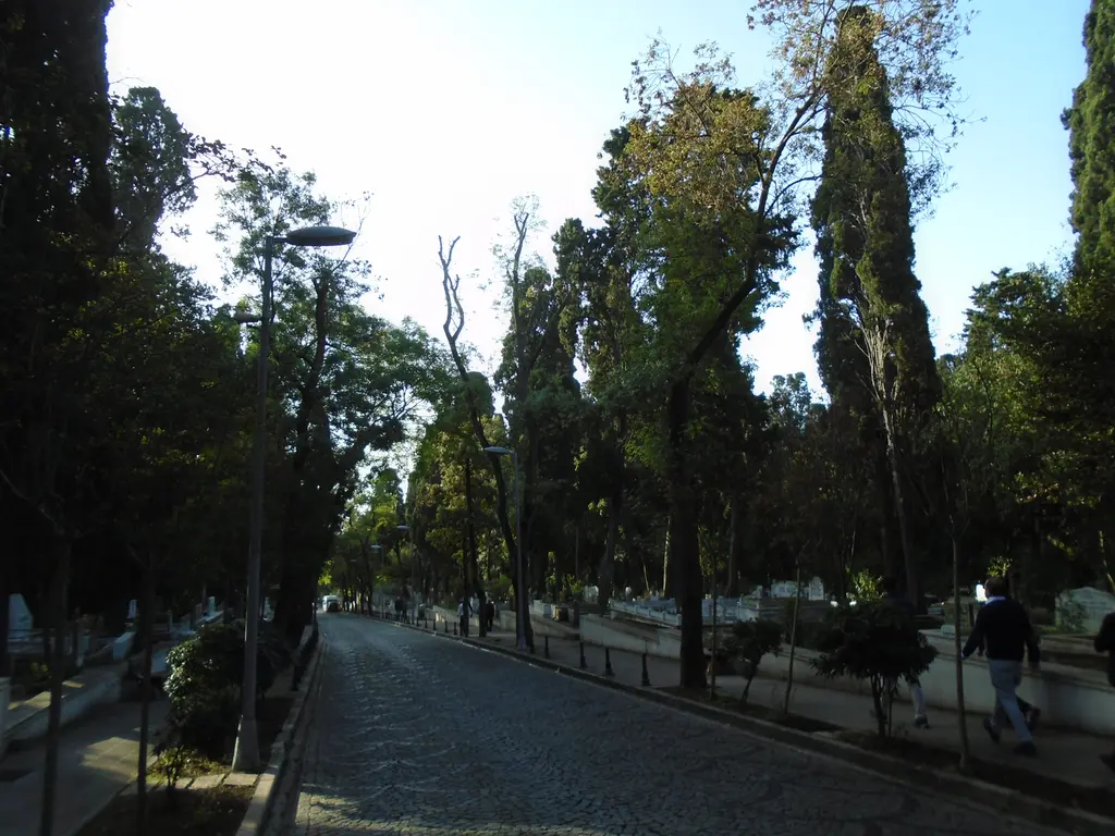 Karacaahmet Mezarlığı'nda uzun yol; iki yanında ağaçlar ve sokak lambaları, kaldırımda yürüyen ziyaretçiler.