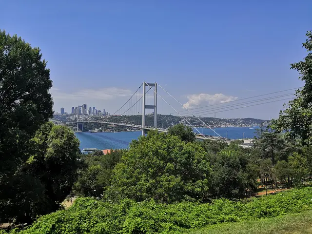 Mihrabat Tabiat Parkı'ndan Boğaz; önde yamaçtaki yeşil ağaçlar, ortada Fatih Sultan Mehmet Köprüsü, ötesinde Levent'in kuleleri ve mavi gökyüzü.