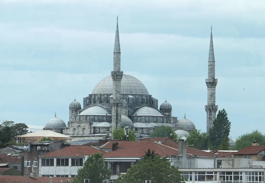 Şehzade Camii uzaktan; önde kırmızı kiremitli çatılar ile modern binalar, ortada iki minare ve basamaklanan kubbeler, açık gri gökyüzü.