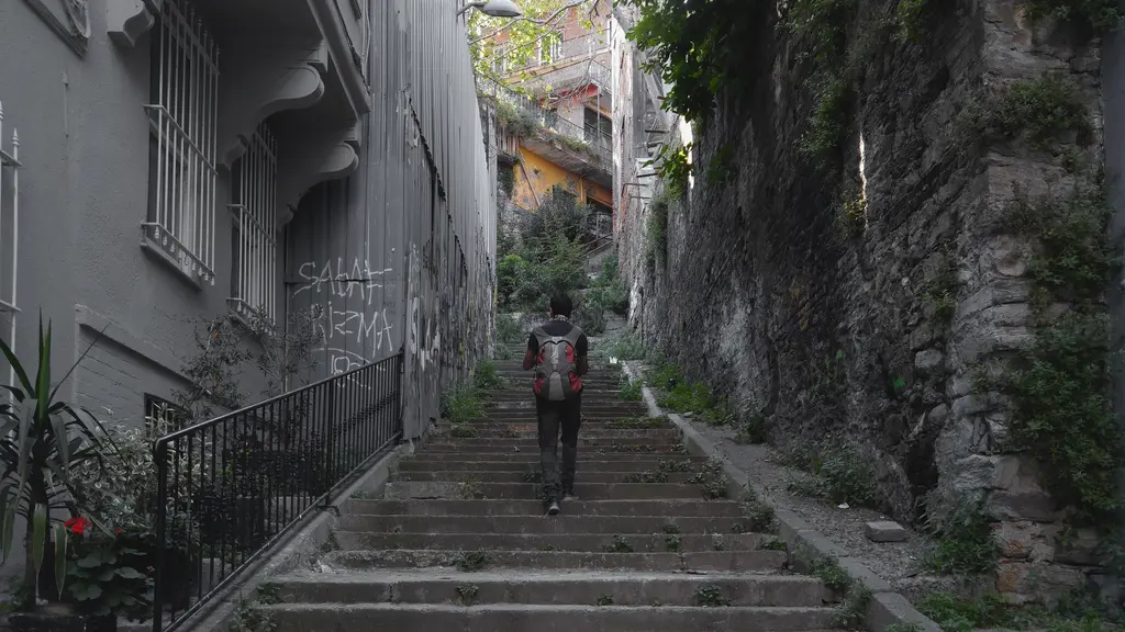 Firuzağa'da taş basamaklı dik bir yokuş; iki yanda duvarlar ve bitkiler, yukarı çıkan bir yaya.
