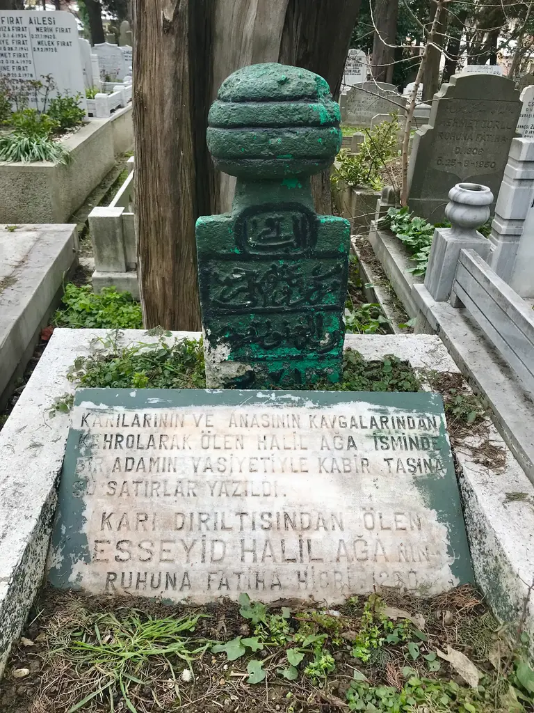 Yakın planda mermer mezar taşı; tepesinde yeşile boyanmış sarık başlık, gövdesinde kabartma Osmanlıca kitabe ve çevresinde çimen.