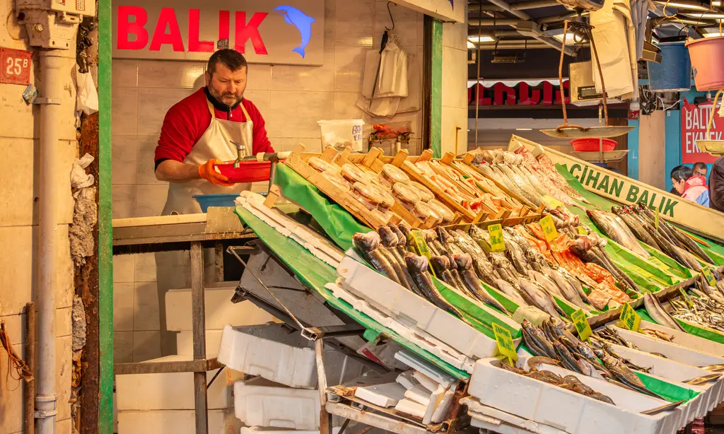 Kadıköy Çarşısı'nda balıkçı dükkânı; kırmızı tabela, eğik tezgâhta sıralı balıklar ve önlüklü satıcı.