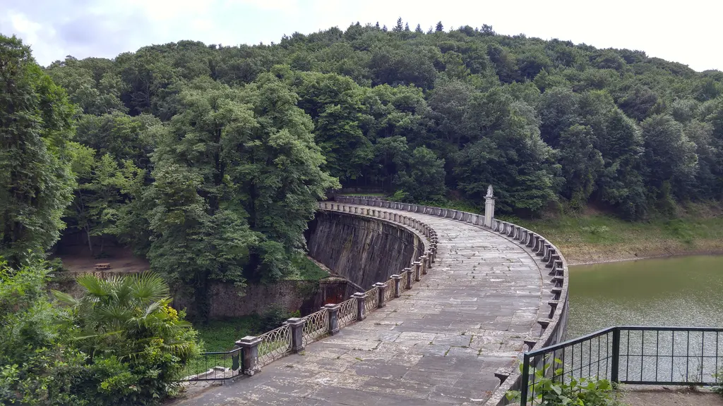 Belgrad Ormanı'nda bent; kıvrılarak ilerleyen taş gövdenin üstü, korkuluklar, bir yanda gölet ve ormanlık yamaç.