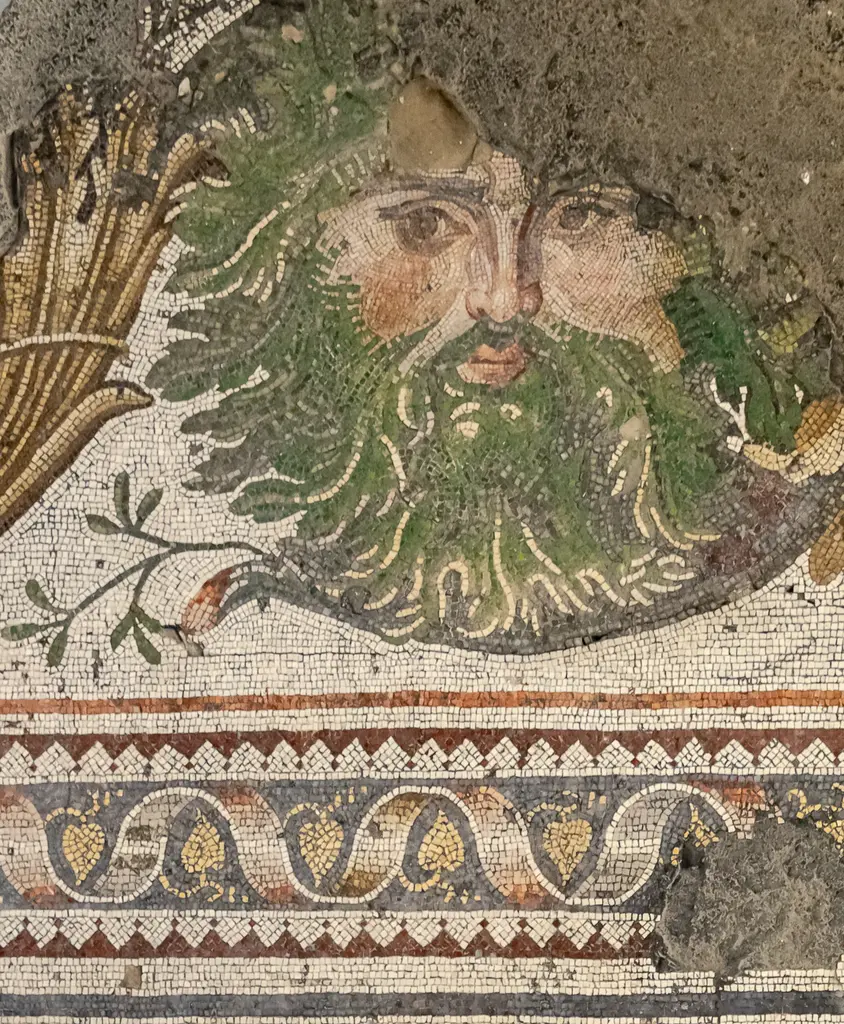 Bordürde yeşil yapraklardan oluşan sakalı ve saçlarıyla bir insan yüzü; altta süslü şerit.