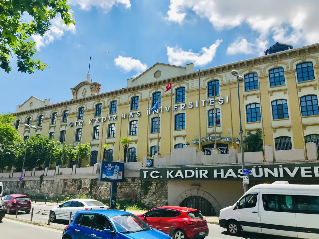 Kadir Has Üniversitesi'nin önü; sarı fabrika cephesi, sıra sıra pencereler, önde üniversite tabelası, yeşil ağaçlar ve renkli arabalar.