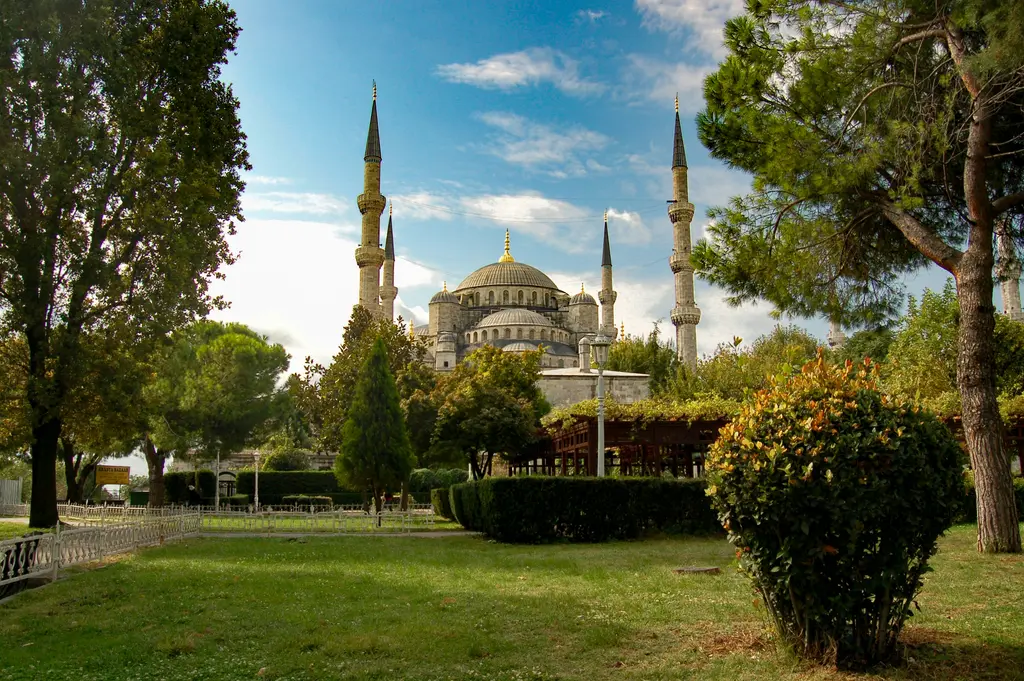 Sultanahmet'te parktan Sultanahmet Camii; önde biçilmiş çimenlik ile budanmış çalılar, iki yanda uzun ağaçlar ve arkada minareler.