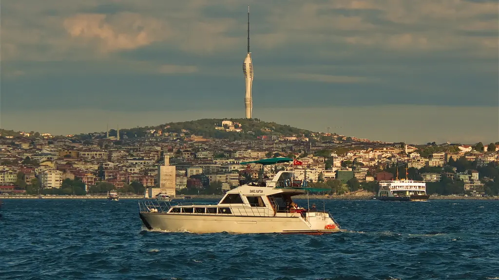 Küçük Çamlıca Tepesi'nde Çamlıca Kulesi; önde Boğaz'da beyaz tekne, kıyıdaki yerleşim ve ağaçlık tepe.