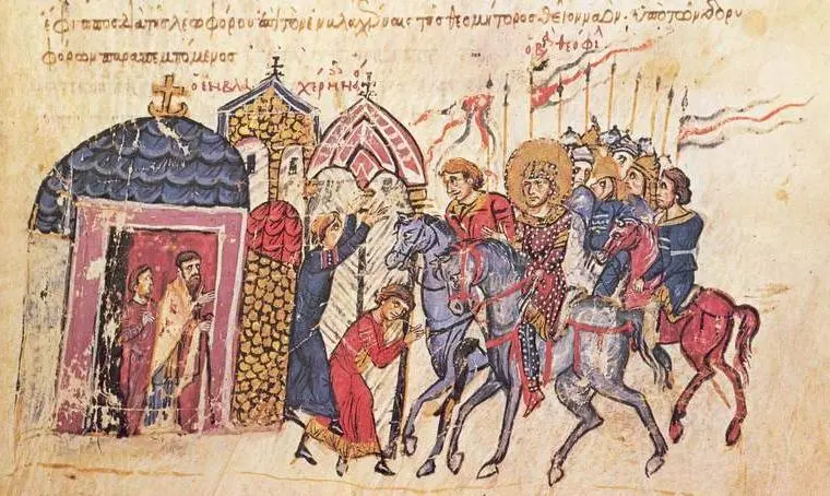 Ortaçağ el yazması minyatürü; atlı bir alay, önde başı halelli imparator ve solda kubbeli kilisenin kapısında karşılayan din adamları.