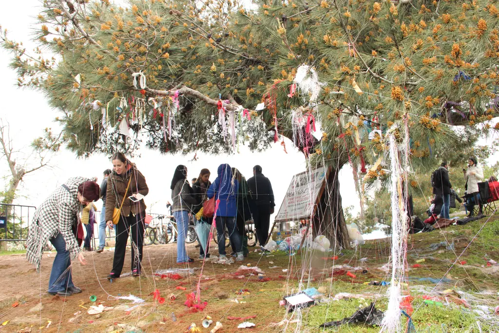 Yücetepe'de dilek ağacı; dallarına bez ve ip bağlanmış ağaç, çevresinde ziyaretçiler ve beyaz duvar.