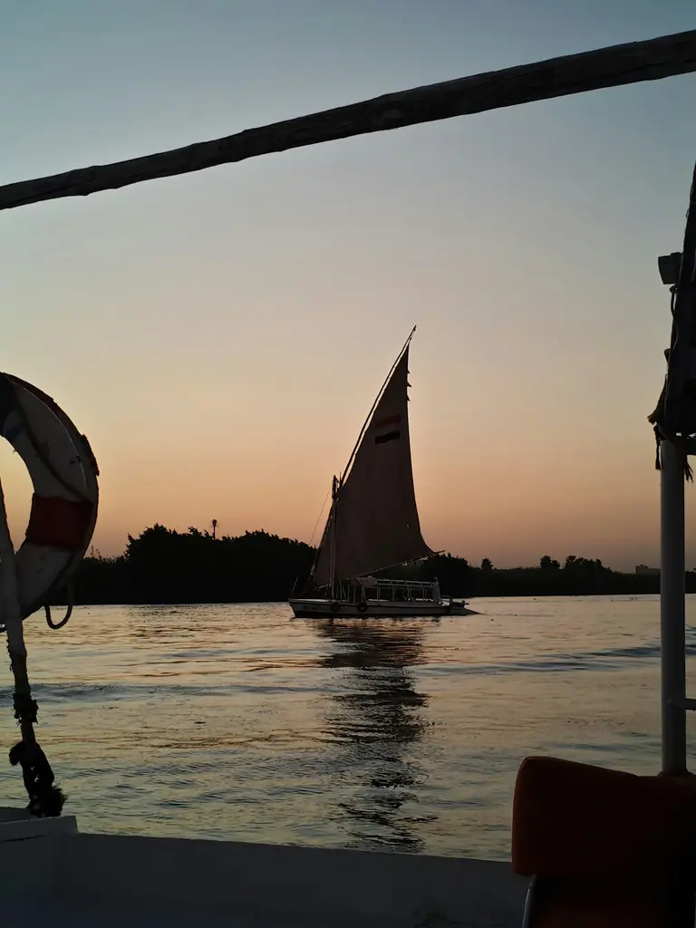 Nil Nehri'nde felucca; beyaz üçgen yelkenli tekne, durgun su ve kıyıdaki palmiyeler.