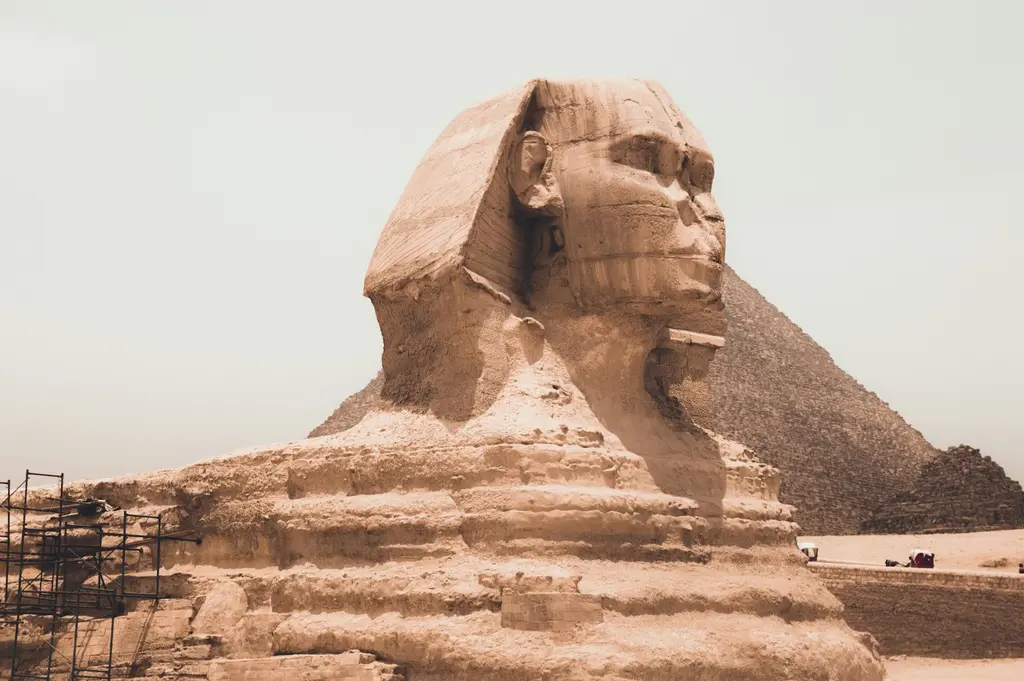 Mısır'da Giza'daki Büyük Sfenks'in profilden yakın görünümü; arkada Keops piramidinin taş yüzeyi ve açık gökyüzü.