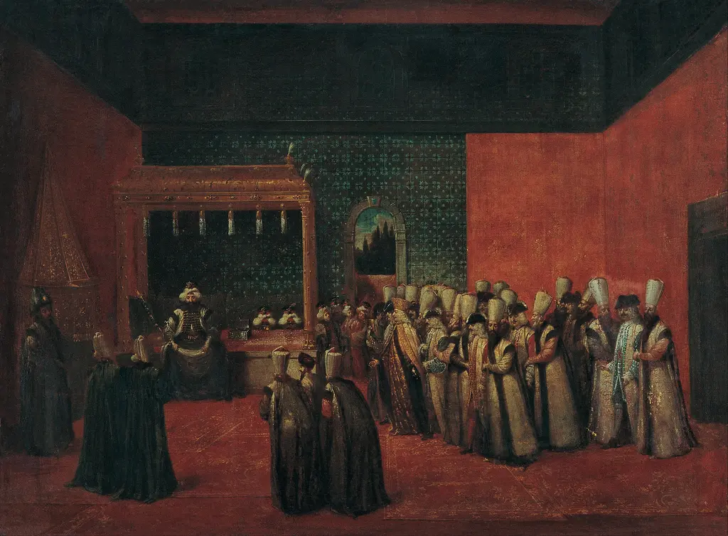 Jean Baptiste Vanmour'un tablosu; kırmızı duvarlı bir salonda tahtta oturan padişah ve karşısında sıralanmış kaftanlı devlet adamları ile Avrupalı elçi.