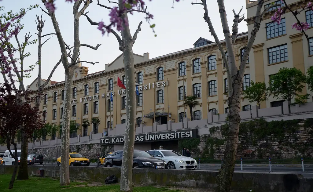 Kadir Has Üniversitesi'nin sarı cepheli uzun binası; sıra sıra pencereler, önünde pembe çiçekli ağaçlar, park etmiş arabalar ve cadde.